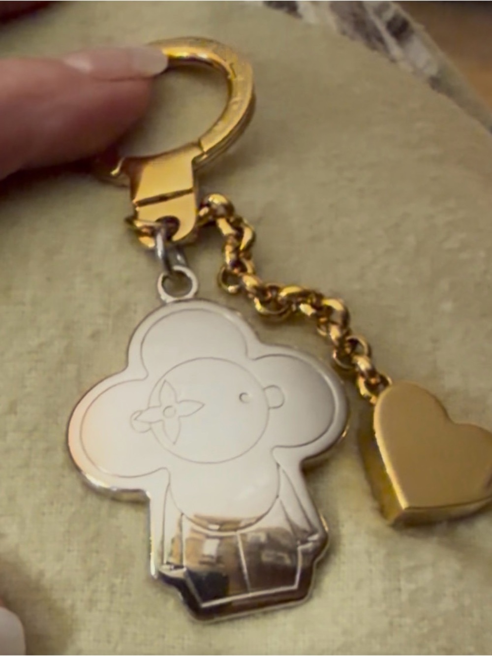 Louis Vuitton Flower & Heart Two Tone Gold & Silver Metal Bag Charm Keychain